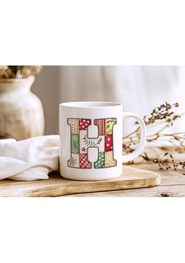 H Harfi Yılbaşı Temalı Kupa Bardak - Yeni Yıl Konsept Yamalı Efekt Tasarım - Noel Hediye Beyaz