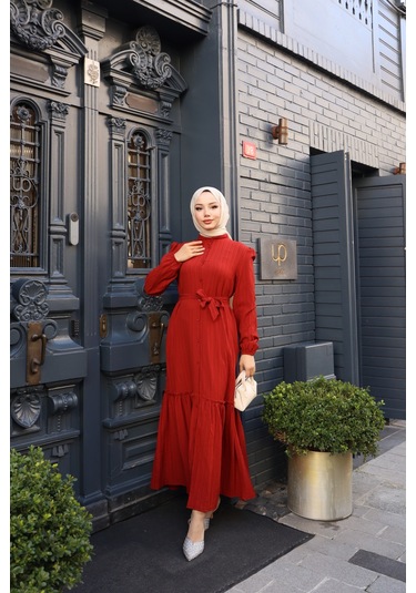 Kadın Kiremit Boydan Düğmeli Eteği Piliseli Kuşaklı Lara Keten Uzun Tesettür Elbise Kremit Kiremit