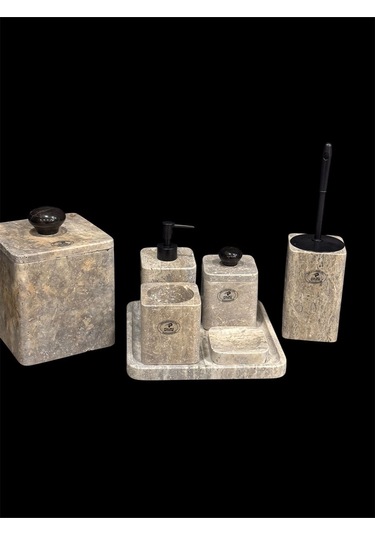 Silver Traverten Kare Model Yedi Parça Banyo Seti Beyaz