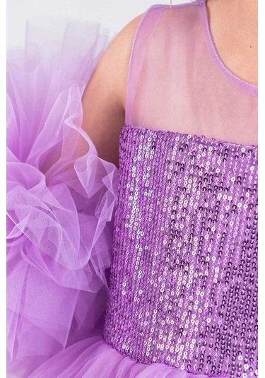 Kız Çocuk Abiye Elbise Ponpon Kol Pul Payetli Tütülü Lila