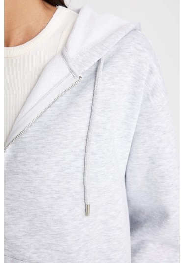 Defacto Relax Fit Kapüşonlu Cepli Basic Düz Fermuarlı Sweatshirt C1809AX24WNGR93 Gri