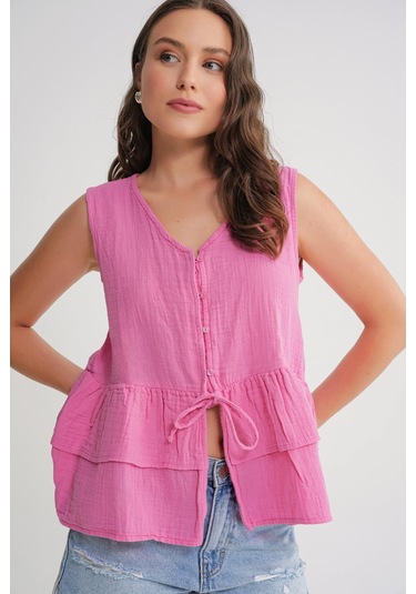 4722 Kadın V Yaka Fırfırlı Müslin Bluz Pembe Pembe