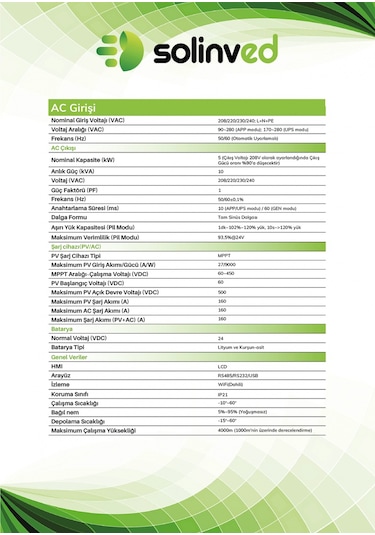 Solinved 5.0 Kw Gordion Serisi Mppt Off-grid Invertör