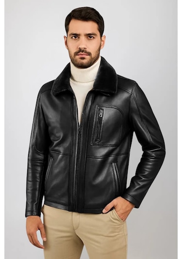 Derije Carlos Hakiki Deri Erkek Siyah Seyar Kürk Yaka Ceket-Mont
