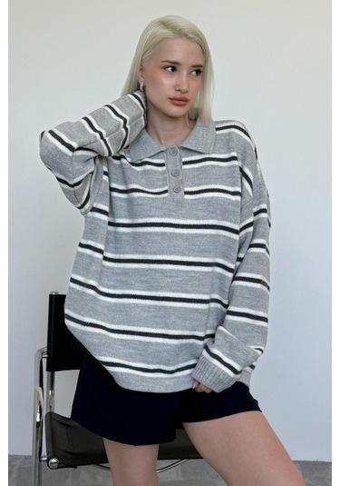 Gri Polo Yaka Çizgili Kadın Triko Kazak Mg2469 Gri