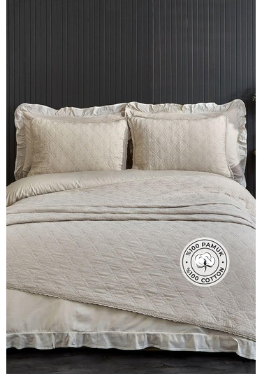 Evlen Home %100 Pamuk Çift Kişilik Özel Taş Yıkama Nevresimli Yatak Örtüsü Seti 7 Parça Yumuşak Barbara Bej