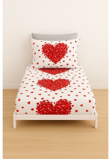 Desenli 120lik Kırmızı Kalp Lastikli Çarşaf Ve Yastık Kılıfı Kırmızı