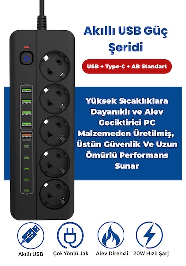 Pro P13 Siyah 3000w Akım Korumalı 5 Girişli Type-c Ve Usb Girişli Uzatmalı Grup Priz 0.2 M