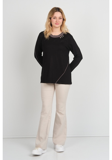 Detay Triko Kadın Yakası Ve Tek Kolu Desenli Taşlı Metal Aksesuarlı Anne Bluz 5714 Siyah Siyah