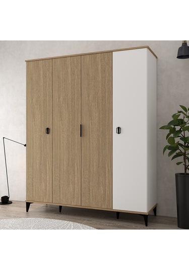 6404 Neva 4 Kapılı 200 Cm Gizli Çekmeceli Gardırop , Elbise Dolabı , Genç Odası Sepet - Beyaz