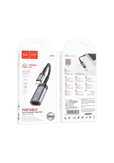 Hoco. Ua26 Tak Çalıştır Type-c To Rj45 100 Mbps Ethernet Dönüştürücü - Gri