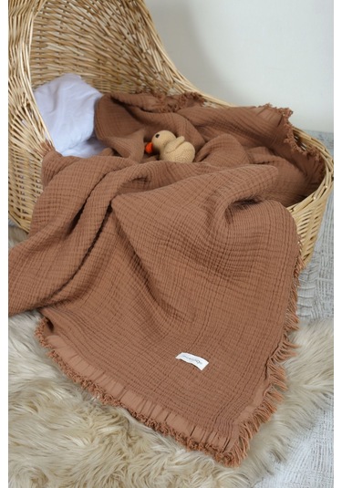 Müslin Püsküllü 4 Katlı Müslin Battaniye 90x120 Cm - Ze4katlı Kahverengi