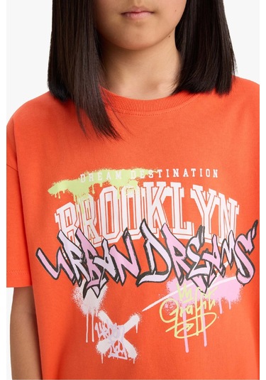 Defacto Kız Çocuk Oversize Geniş Kalıp Baskılı Bisiklet Yaka Kısa Kollu Tişört E0386a825smog584 Turuncu