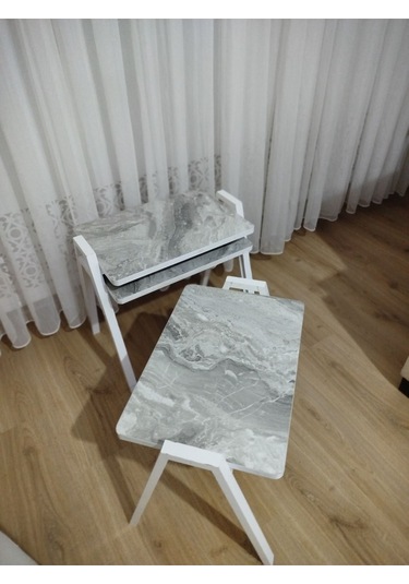 Zigon Sehpa 3'lü Mermer Desenli Tepsi Model Gri Mermer Desen Beyaz Ayak Gri Mermer