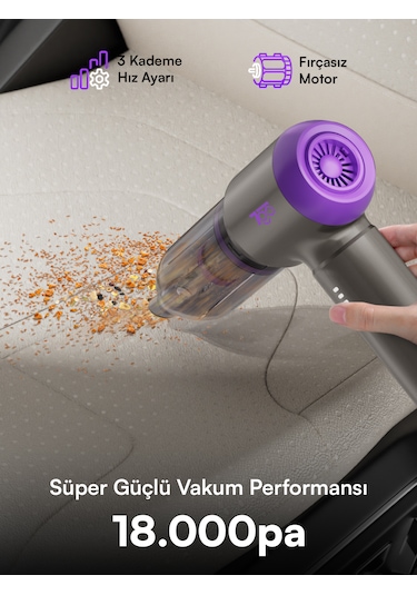 7go 7gab-02 Kablosuz Araç İçi Süpürge 18.000pa Güçlü Emiş Fırçasız Motor 6000mah Batarya Toz