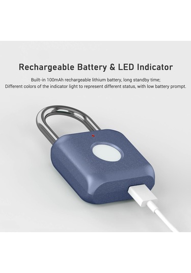 Springsun 20 Parmak İzi Destekli Taşınabilir Güvenlik Kilit, Ipx2 Suya Dayanıklı, Mavi Gri Renk, Dahili Pil