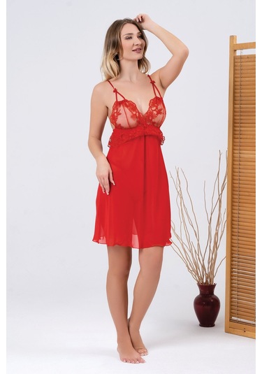 Nbb Kadın Kırmızı Queen Dantel İşlemeli Gecelik Sabahlık Takım Kırmızı