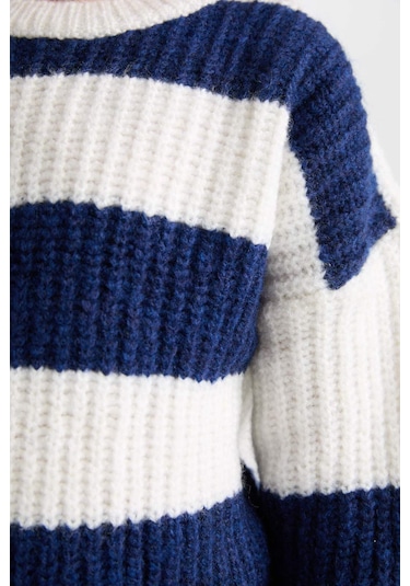 DeFacto Kız Çocuk Çizgili Bisiklet Yaka Triko Kazak A6009A824WNNV241 Lacivert