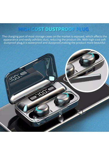 F9 Tws Kablosuz Kulaklık Bluetooth Stereo Kulaklık 5.0 Spor Su Geçirmez Gürültü Azaltma Kablosuz Mikrofonlu Tekli Kulaklıklar 2000 Mah