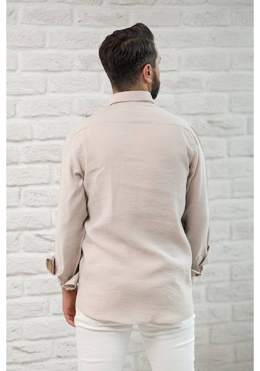 Regular Fit Yaka Düğmeli Yazlık Modal Kumaş Erkek Gömlek Krem