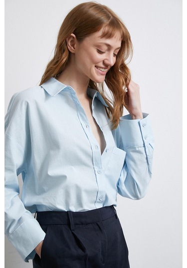 Keten Karışımlı Oversize Gömlek Mavi Mavi