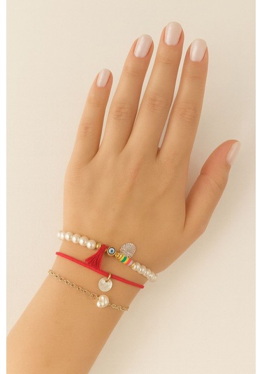 3lü Nazar Boncuklu İncili Püsküllü Asansörlü Lastikli Kırmızı İp Bileklik. Kadın İp Bileklik Halhal Çok Renkli