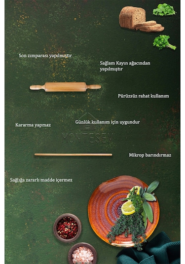Zümrüt Serisi Ahşap Dönerli Hamur Açma Oklavası Merdanesi 2li Set