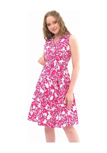 Apsen Kadın Fuşya Düğme Detaylı V Yaka Cotton Elbise4405-105 Fuşya