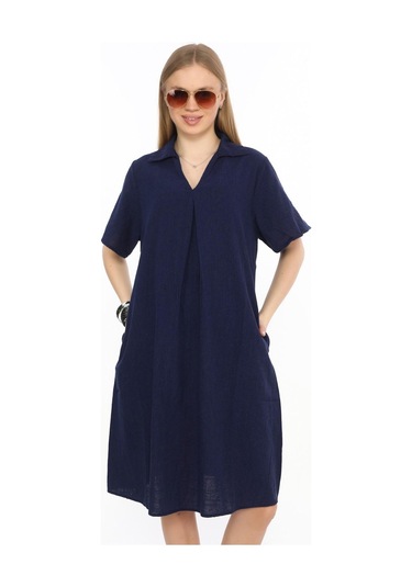 Yarım Kol V Yaka Keten Elbise-9164 Lacivert