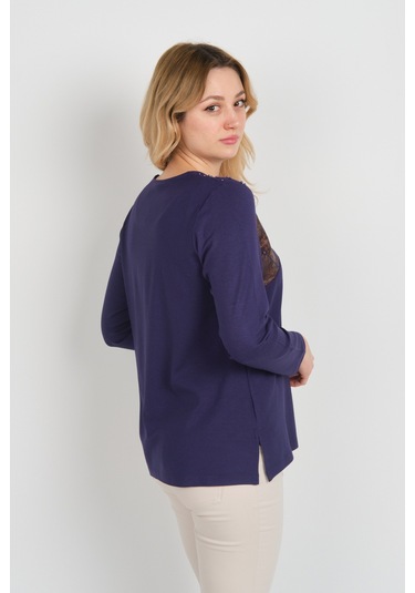 Detay Triko Kadın Boncuk İşlemeli Parlak Desenli Uzun Kol Anne Bluz 5744 Mor Mor