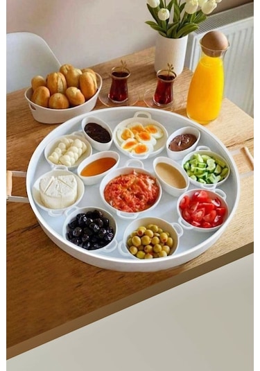 Qerhome Galvaniz 51 Cm Beyaz Ahşap Kulplu Yuvarlak Tepsi Beyaz