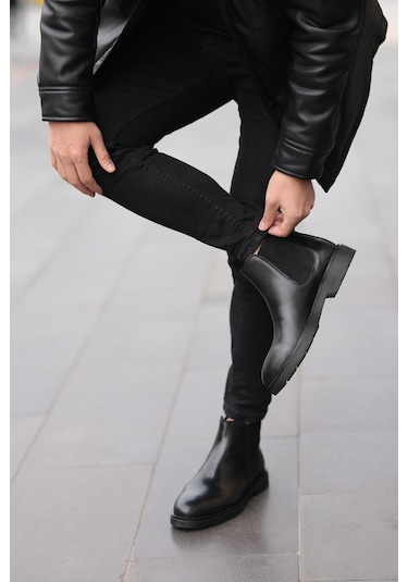 Shoetyle - Siyah Hakiki Deri Erkek Chelsea Bot-719-siyah Siyah