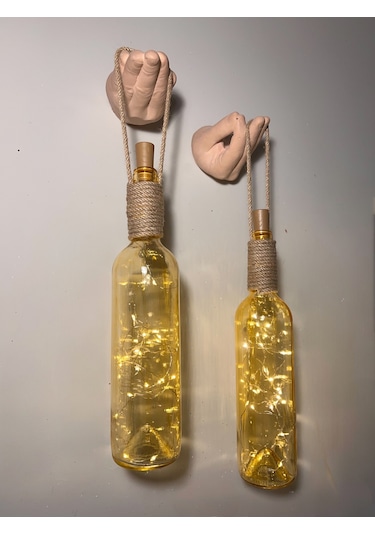 El Figürlü Duvar Lambası Pilli Led Işıklı Dekoratif Vitray Boyalı Cam Şişe Aydınlatma Vintage El Sarı Işık