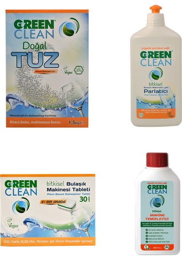 U Green Clean Bitkisel Bulaşık Makinesi Deterjanı 30 Tablet + Parlatıcı 500 ML + Tuz 1500 G + Makine Temizleyici 250 ML