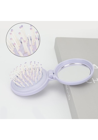 Adet Aynalı Yuvarlak Saç Fırçası, Kadınlar İçin Mor Katlanır Saç Fırçası, Aynalı Katlanır Mini Cep Saç Tarağı, Seyahat Seti Hediye Fikri