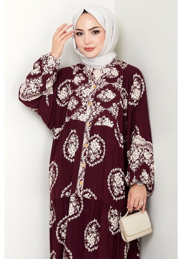 Giral Dokuma Viskon Elbise 1543 - Mürdüm Mürdüm