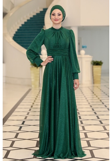 Raika Moda Şık Tasarım Tül Kübra Abiye Zümrüt