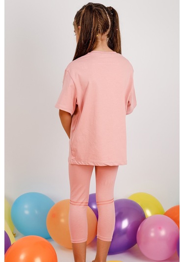 Kız Çocuk Takım Kapri Taytlı Baskılı Oversize A84 Koyu Pudra