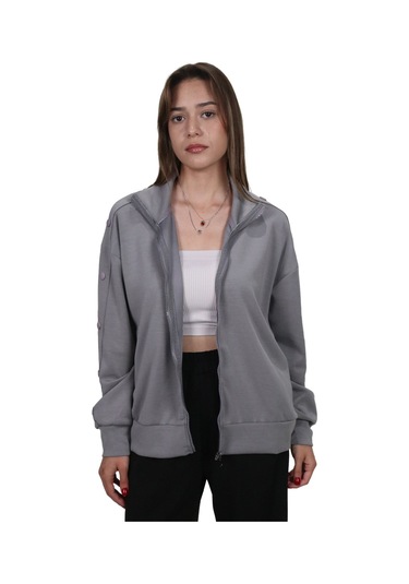 Kadın Modal Kumaş Dik Yaka Rahat Kalıp Gri Ceket Hırka Gri