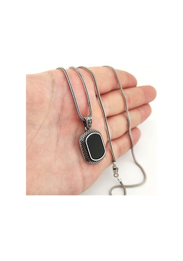 925 Ayar Gümüş Sarmaşık Desenli Oniks Taşlı Kolye Gümüş