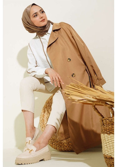 Bigdart T5853 Kruvaze Yaka Tesettür Trençkot - Taba 001