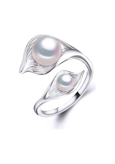 Beyaz Lsooyh Moda Yaprak Tasarım Çift İnci Yüzük Doğal Tatlı Su Inci Yüzükler Kadınlar Için Beyaz