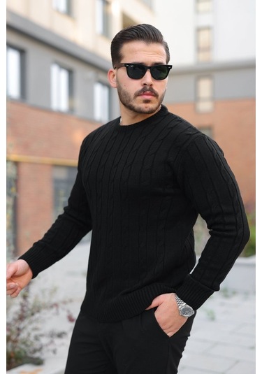 Erkek Örgü Desen Bisiklet Yaka Kazak Siyah