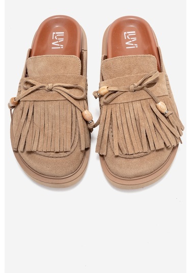 Carol Toprak Süet Püsküllü Hakiki Deri Kadın Burnu Kapalı Terlik Toprak