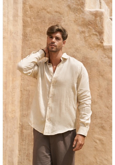 Mai Collection Mai Studios Co. Agnola Oversize Erkek Taş Keten Gömlek Taş
