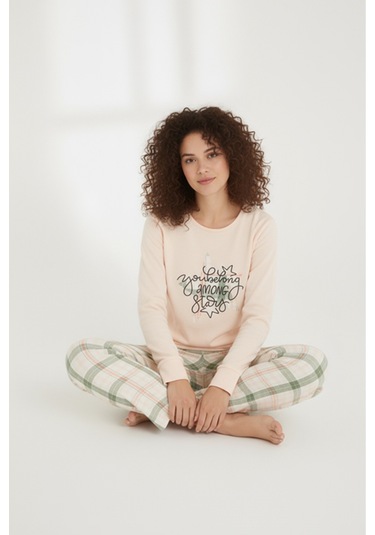 Luxury Thermal Among Stars Desenli Kadın Polar Kışlık Pijama Takımı 42058 Ekru