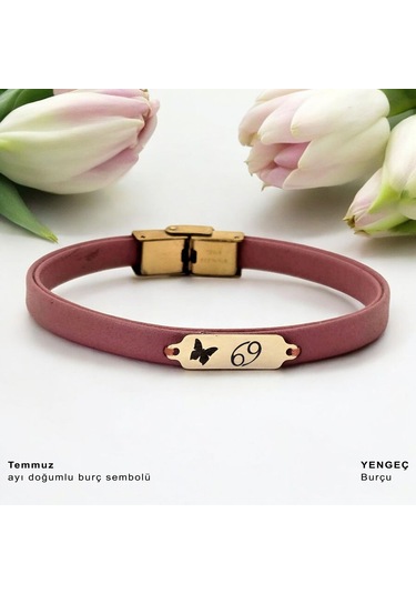 Archin Temmuz Ayı Doğumlarına Kelebek Motifli 14 Ayar Altın Plakalı Koyu Pembe Derili Hediye Bileklik-654ay Temmuz