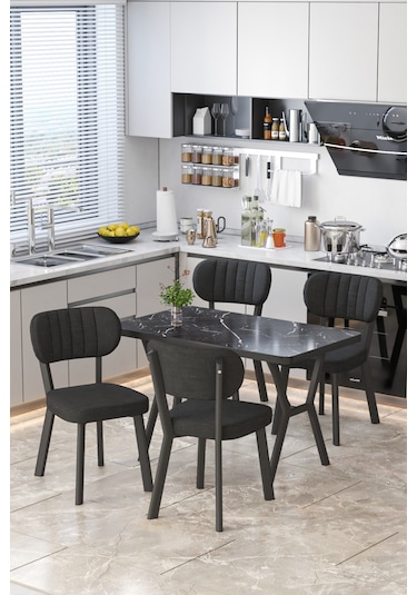Parla 70x110cm Siyah Mermer Mutfak Masası, Mutfak Masası Takımı, Yemek Masası, 4 Siyah Sandalye Siyah