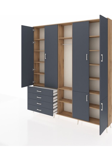 Arges Dolap 14 Raflı 4 Çekmeceli Tek Askılı 220x30x243 Çam-antrasit/antrasit Antrasıt/antrasıt