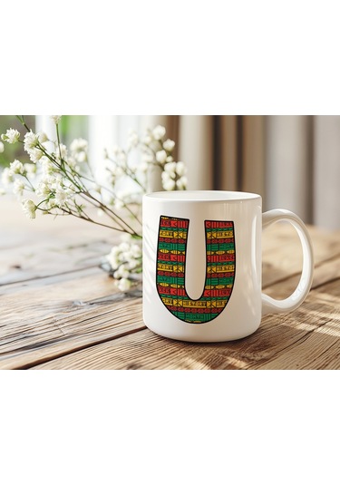 U Harfi Etnik Desenli Kupa - Afrika Tarzı Kahve Çay Kupası - Hediyelik - Black History Beyaz